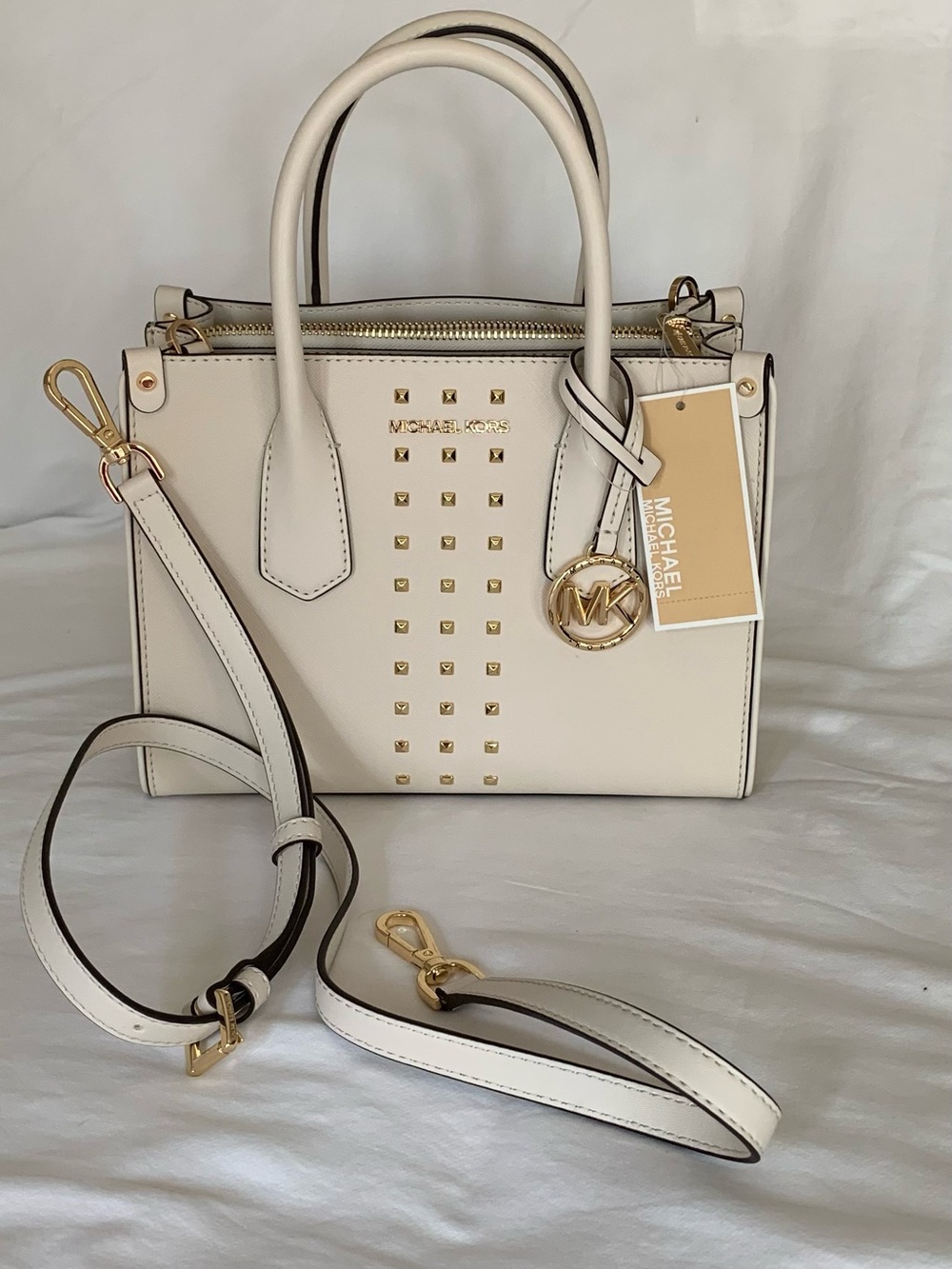 MICHAEL Michael Kors Light Cream Leather Studded Satchel with Gold Accents. NWT